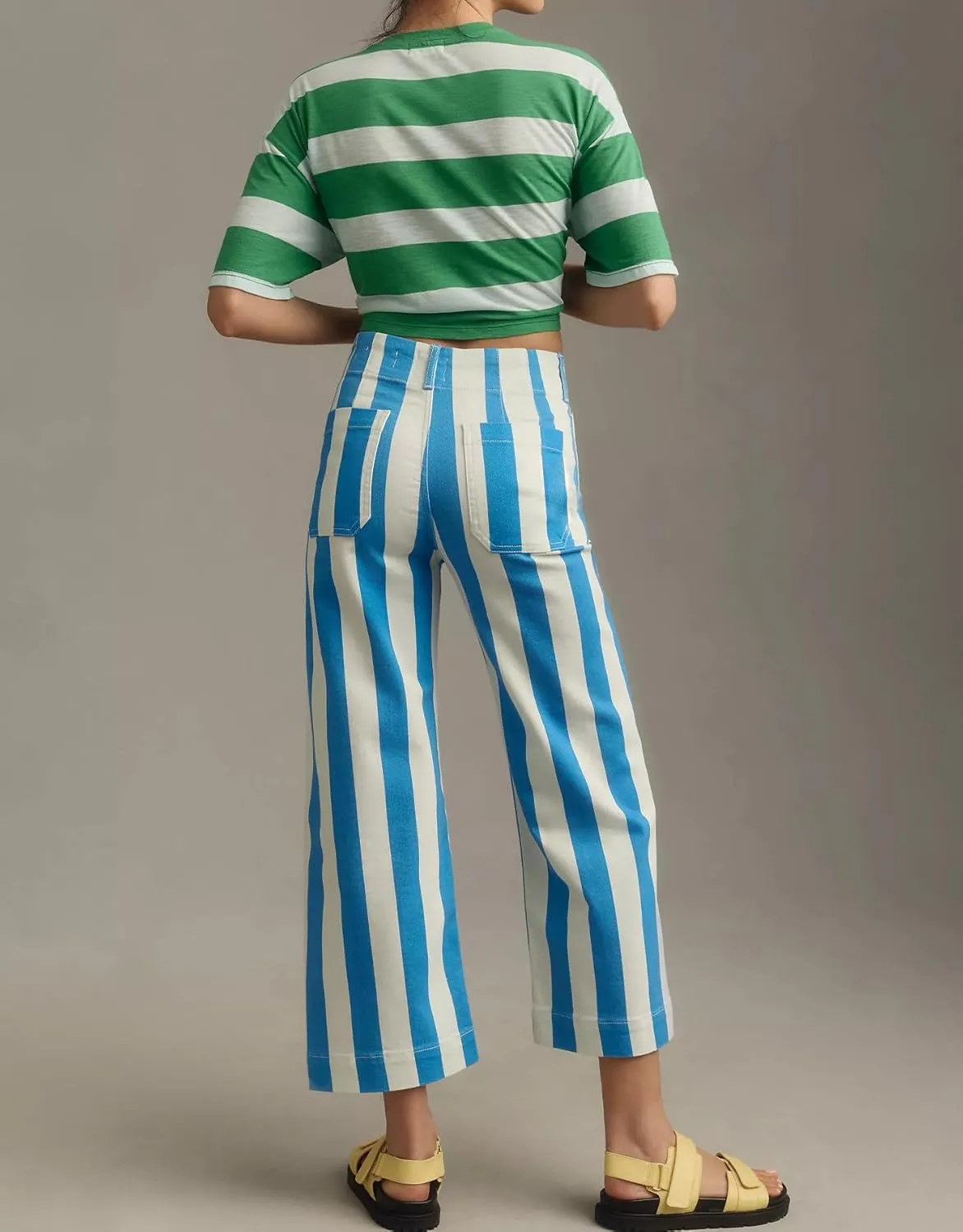 Kedera Women Striped Pants Wide Leg Trousers Casual High Waisted Pants Summer Flare Jeans with Patched Pockets