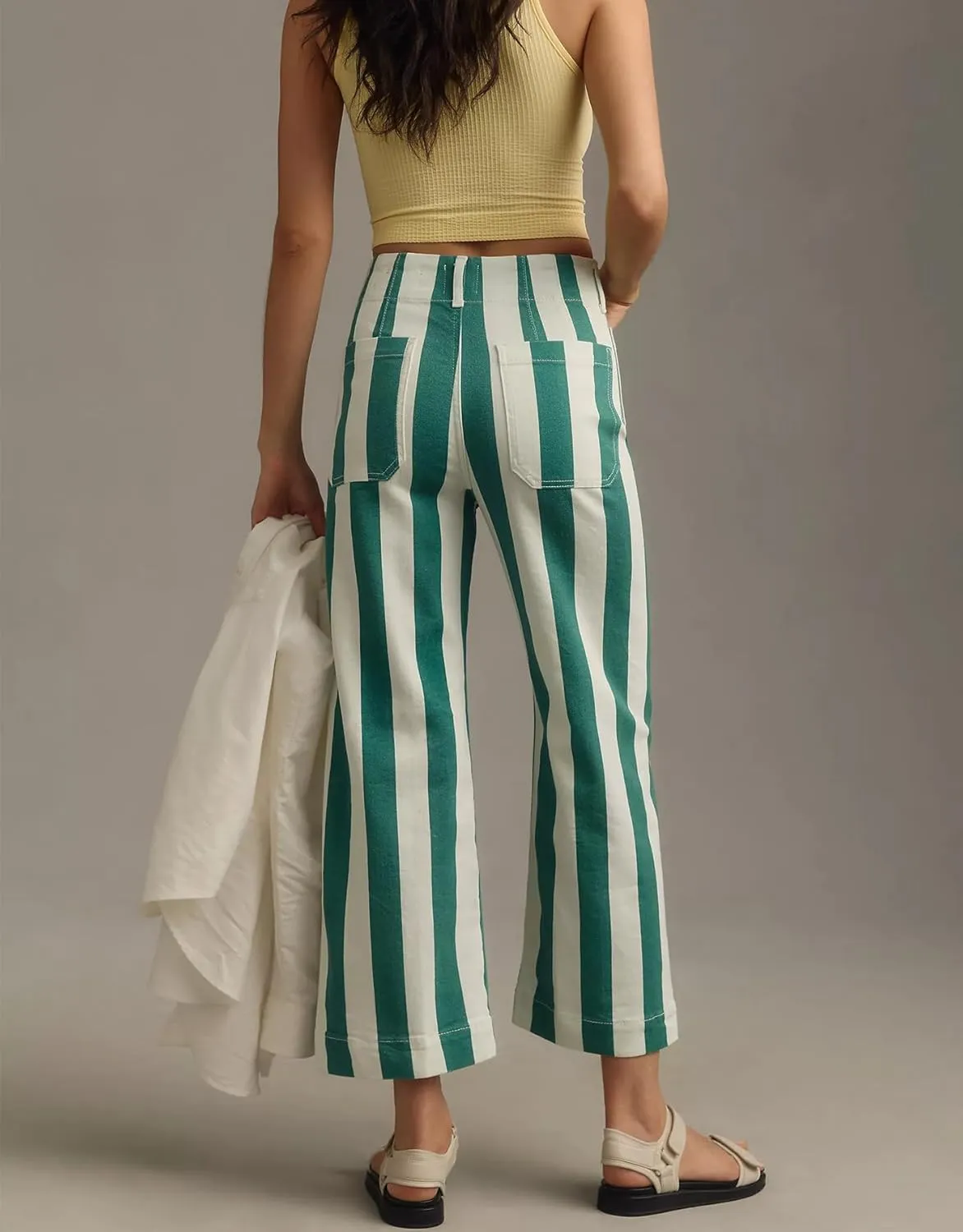 Kedera Women Striped Pants Wide Leg Trousers Casual High Waisted Pants Summer Flare Jeans with Patched Pockets