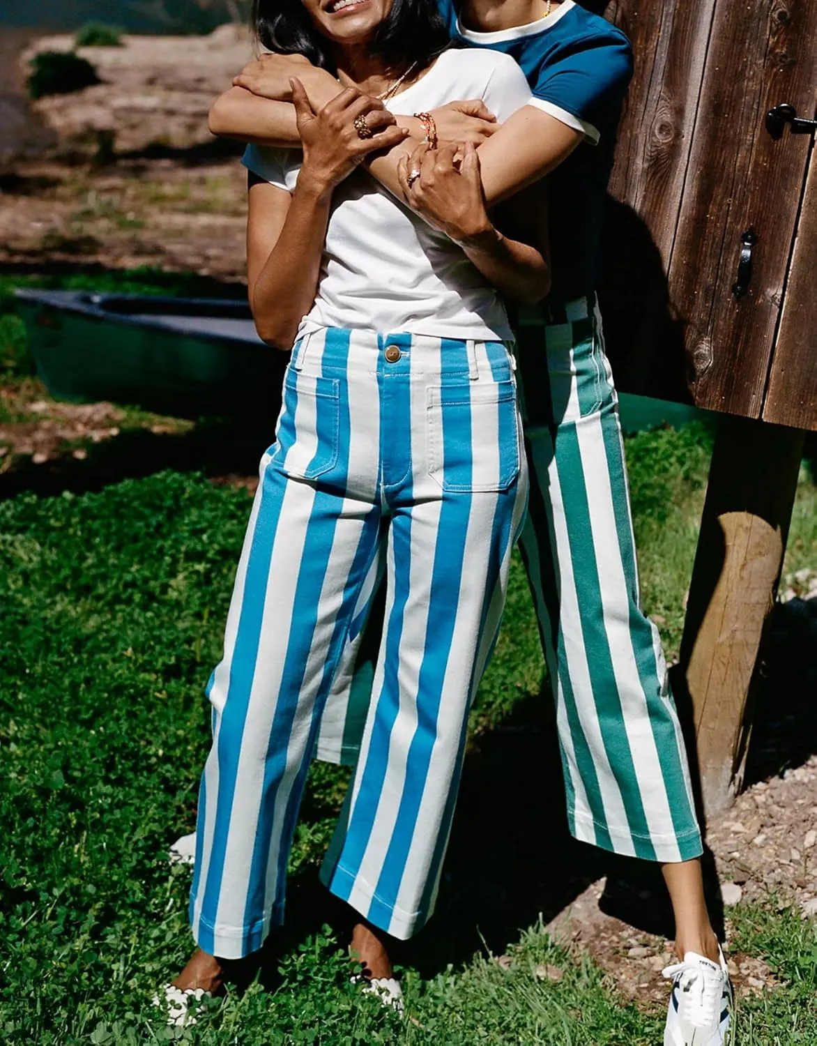Kedera Women Striped Pants Wide Leg Trousers Casual High Waisted Pants Summer Flare Jeans with Patched Pockets