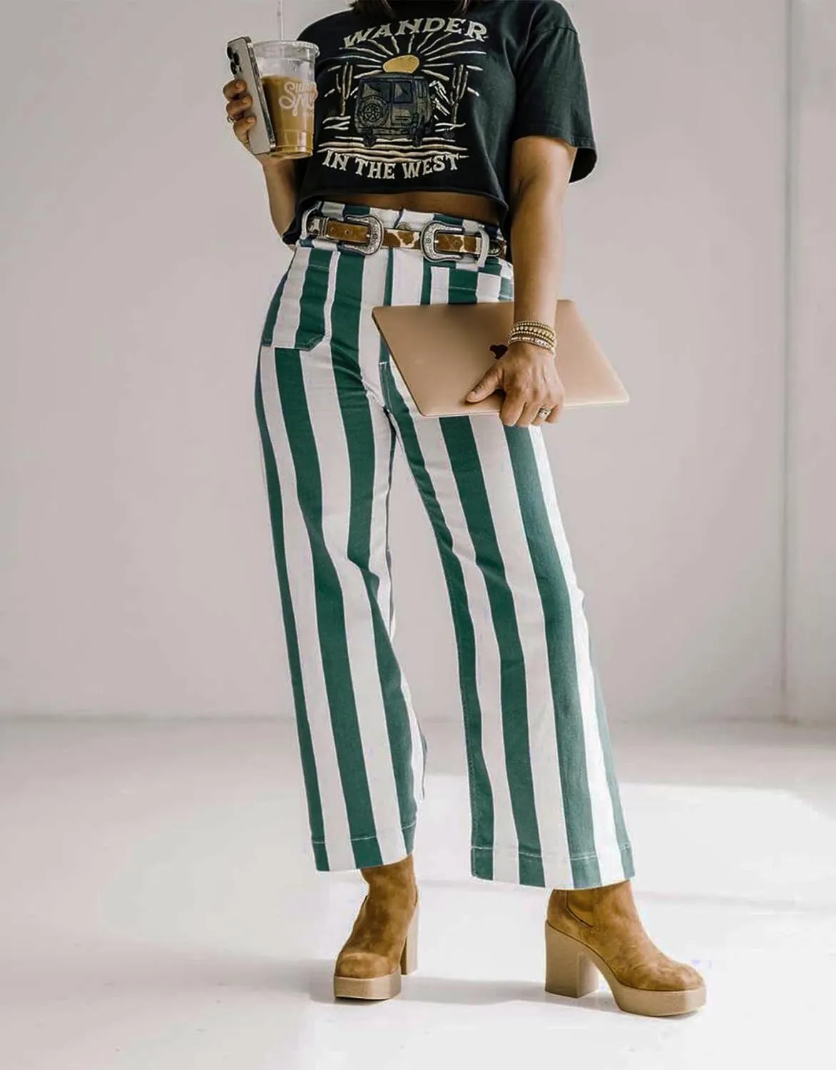 Kedera Women Striped Pants Wide Leg Trousers Casual High Waisted Pants Summer Flare Jeans with Patched Pockets