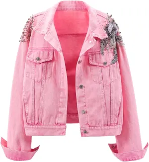 Kedera Women's Denim Jacket Long Sleeve Western Rivet Studded Washed Pearl Short Jean Coat