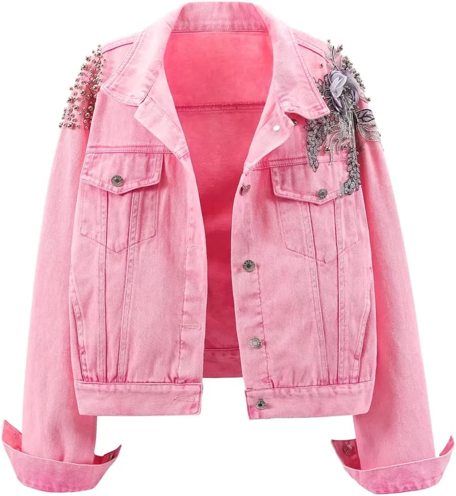 Kedera Women's Denim Jacket Long Sleeve Western Rivet Studded Washed Pearl Short Jean Coat