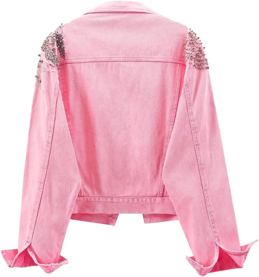Kedera Women's Denim Jacket Long Sleeve Western Rivet Studded Washed Pearl Short Jean Coat