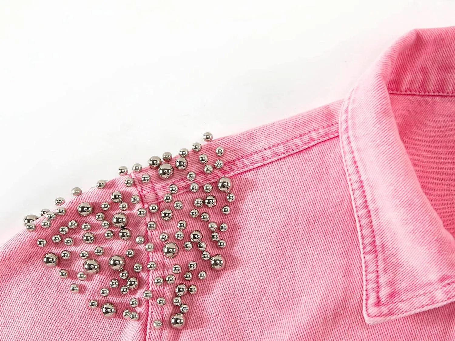 Kedera Women's Denim Jacket Long Sleeve Western Rivet Studded Washed Pearl Short Jean Coat