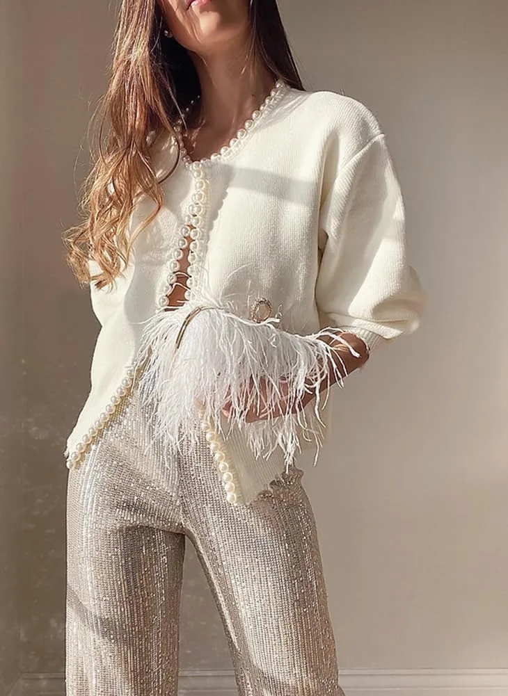 Kedera Women's Open Front Pearls Trim Cardigan Sweater Casual Knitted Long Sleeve Valentine's Day Outerwear Coat