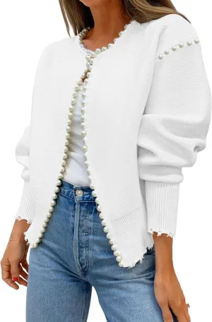 Kedera Women's Open Front Pearls Trim Cardigan Sweater Casual Knitted Long Sleeve Valentine's Day Outerwear Coat