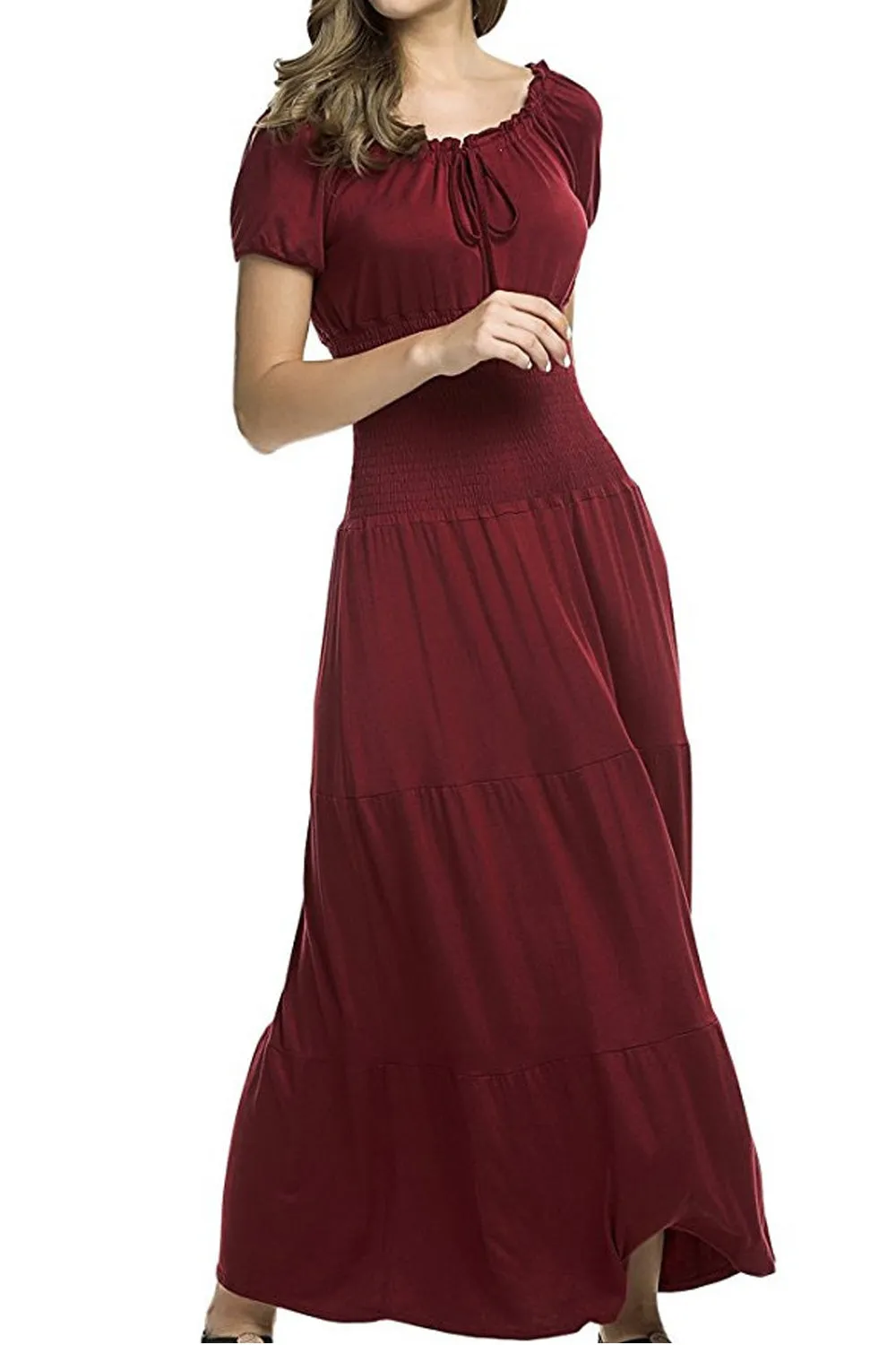 Ketty More Women Short Sleeve Flattering Fit Pleated Long Dress-KMWD337