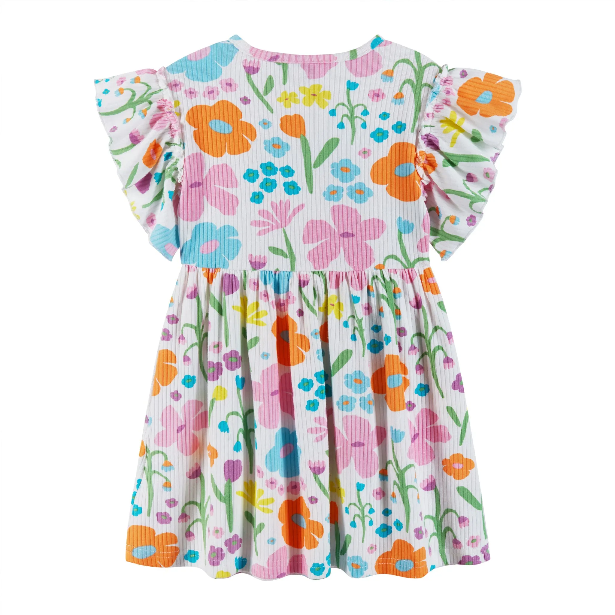 Kids (2-6x) White Rib Knit Dress w/ Ruffle Sleeves | Floral Fun