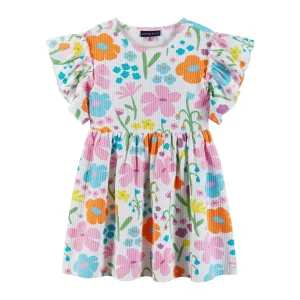 Kids (2-6x) White Rib Knit Dress w/ Ruffle Sleeves | Floral Fun