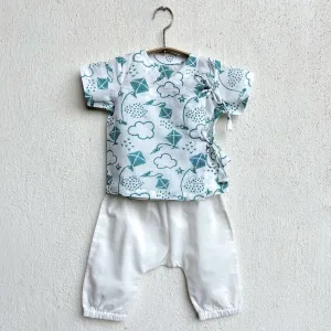 Kids Unisex Organic Cotton Patang Teal Angarakha Top and White Pants
