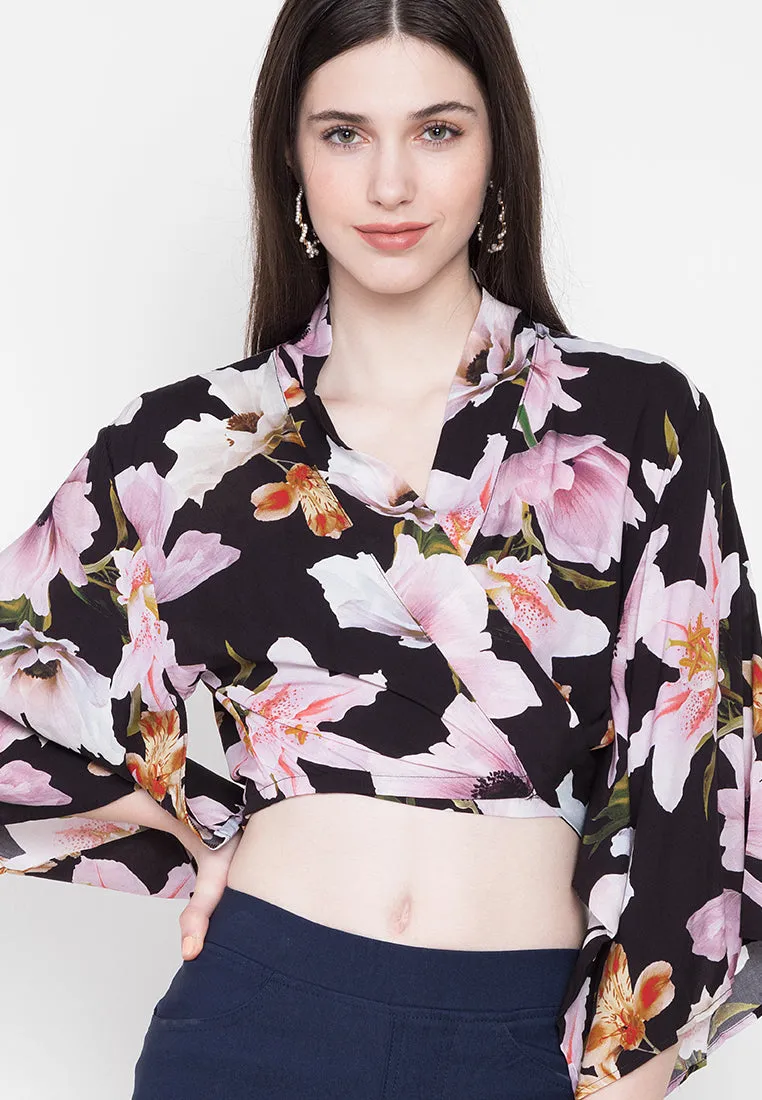 Kimono Tie Top Black with Lillies