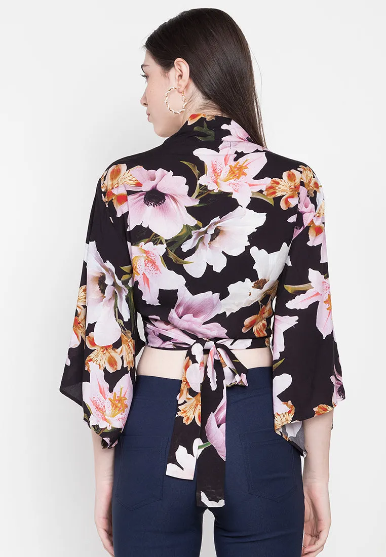 Kimono Tie Top Black with Lillies