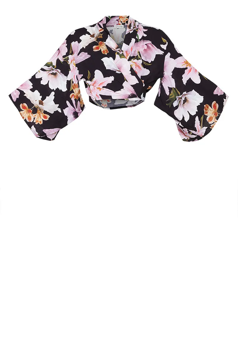 Kimono Tie Top Black with Lillies