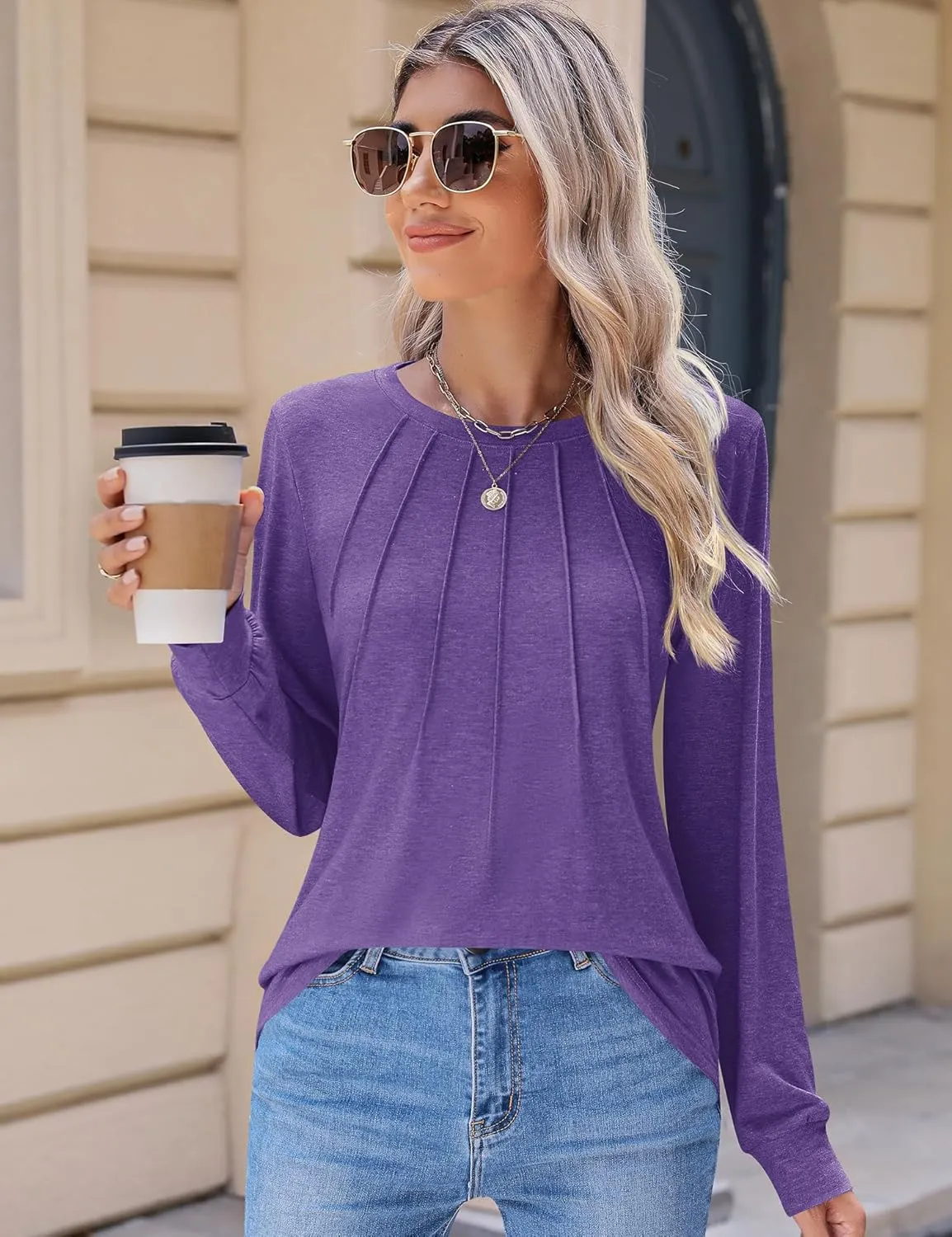 Kistore Womens Long Sleeve Tops Crew Neck Pleated Casual Dressy Blouses T Shirts Fall Clothes 2024