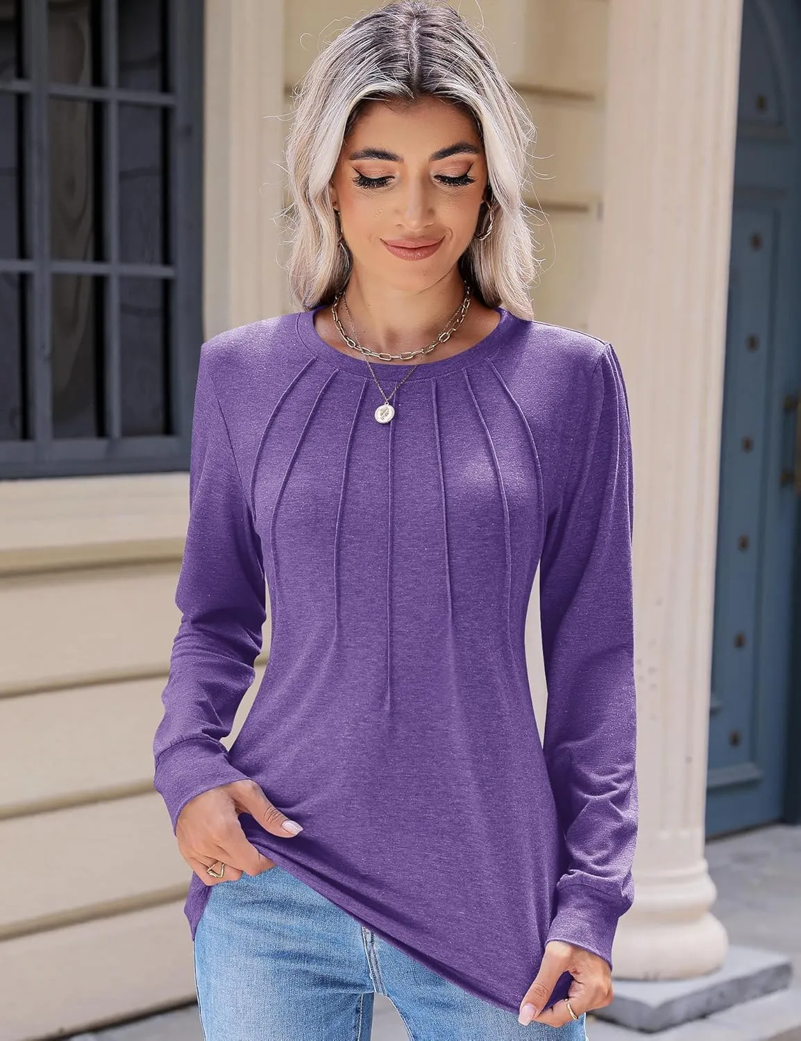 Kistore Womens Long Sleeve Tops Crew Neck Pleated Casual Dressy Blouses T Shirts Fall Clothes 2024