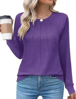 Kistore Womens Long Sleeve Tops Crew Neck Pleated Casual Dressy Blouses T Shirts Fall Clothes 2024