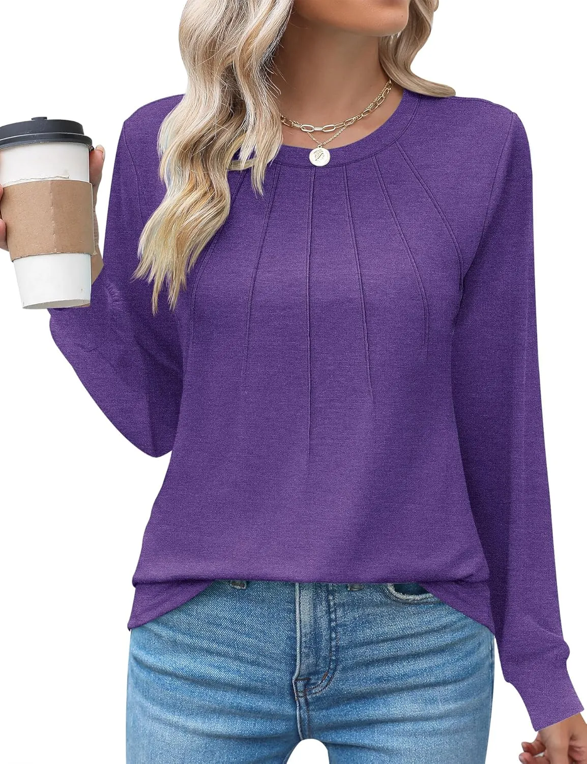 Kistore Womens Long Sleeve Tops Crew Neck Pleated Casual Dressy Blouses T Shirts Fall Clothes 2024