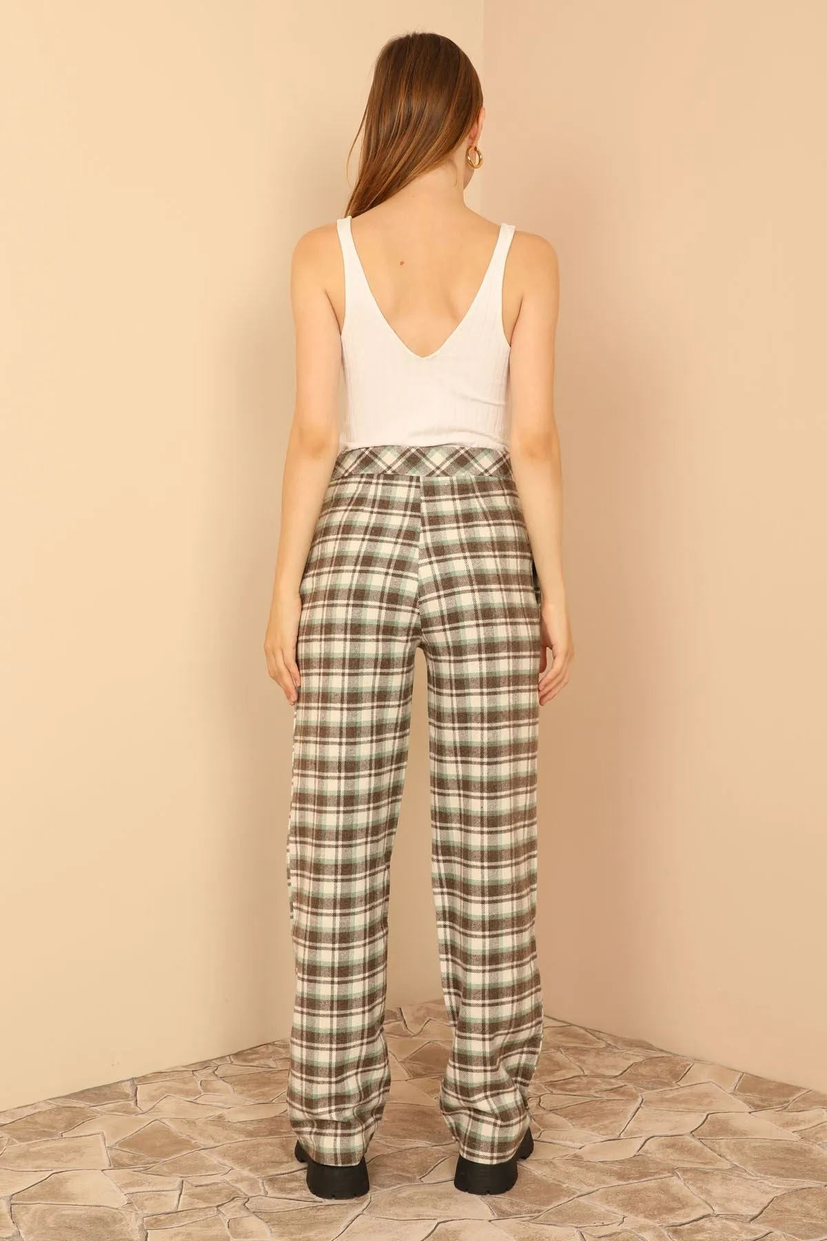 KKT Plaid Fabric Comfy Fit Women'S Trouser - Brown - Newport Beach