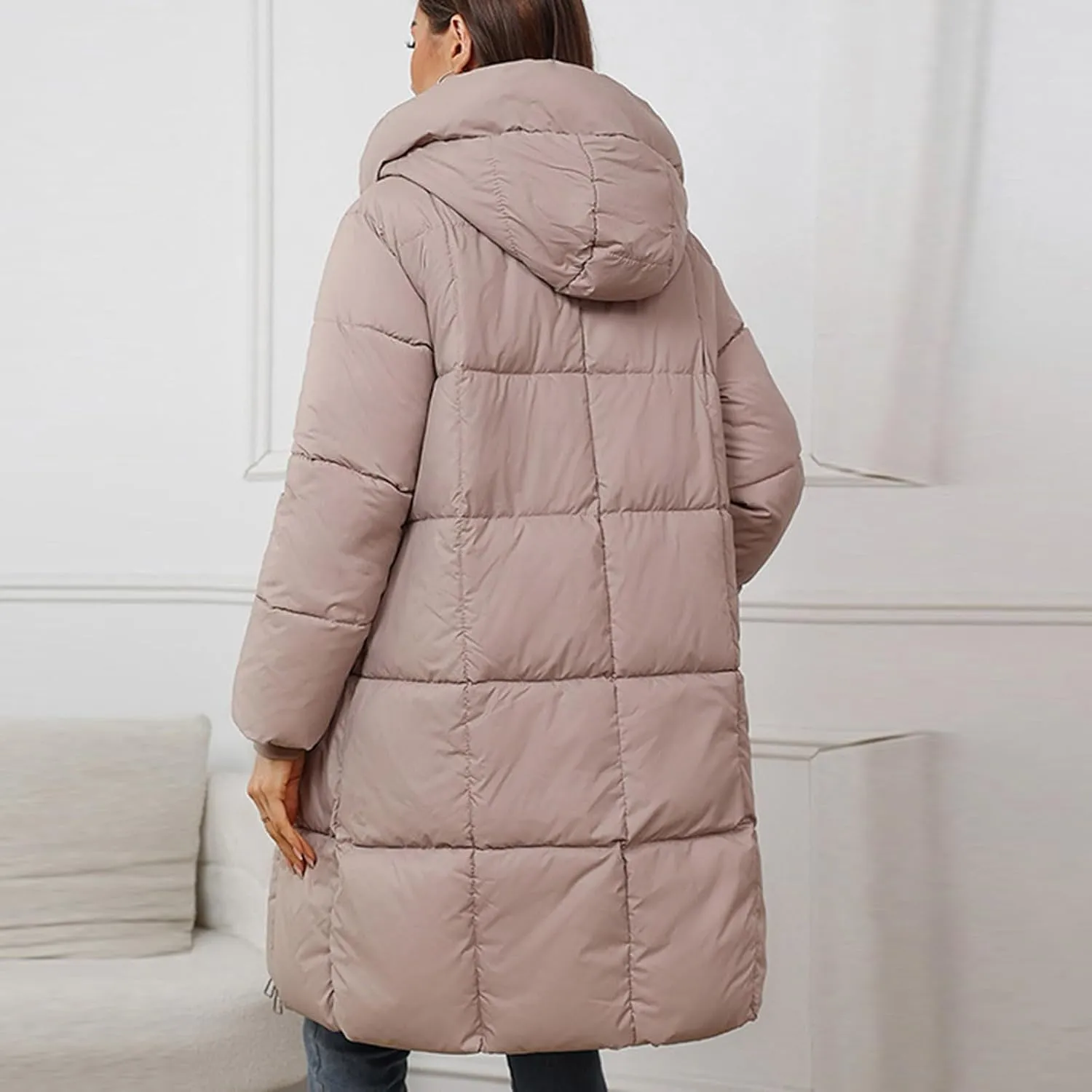 Knee Length Puffer Coat Women Winter Down Coats Full Zip Long-Sleeve Hooded Warm Quilted Jackets with Pockets