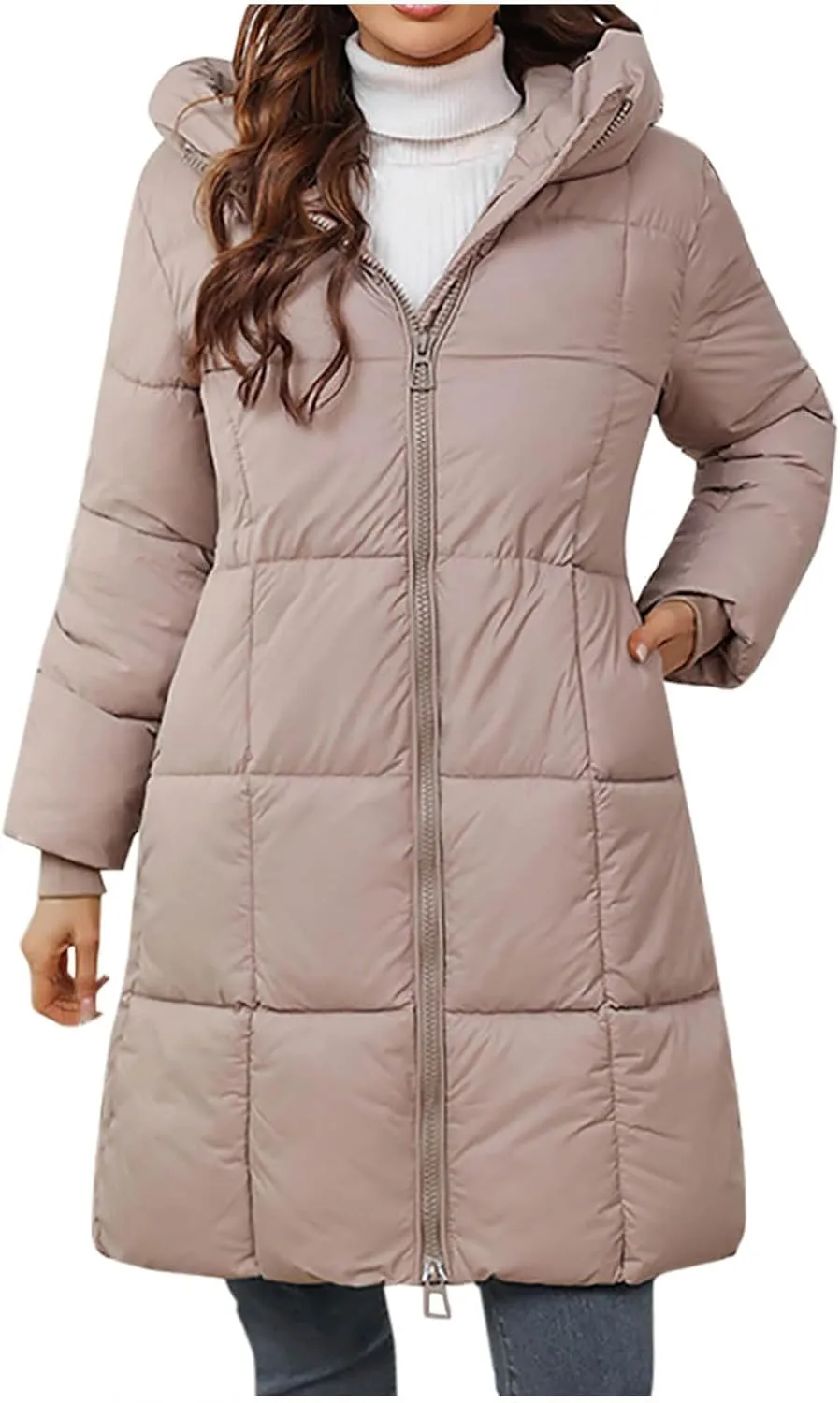 Knee Length Puffer Coat Women Winter Down Coats Full Zip Long-Sleeve Hooded Warm Quilted Jackets with Pockets