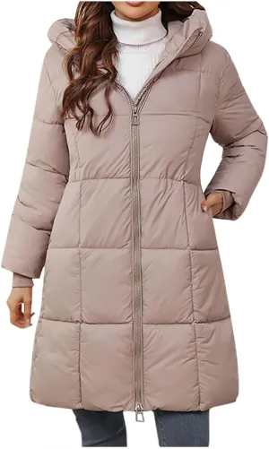 Knee Length Puffer Coat Women Winter Down Coats Full Zip Long-Sleeve Hooded Warm Quilted Jackets with Pockets
