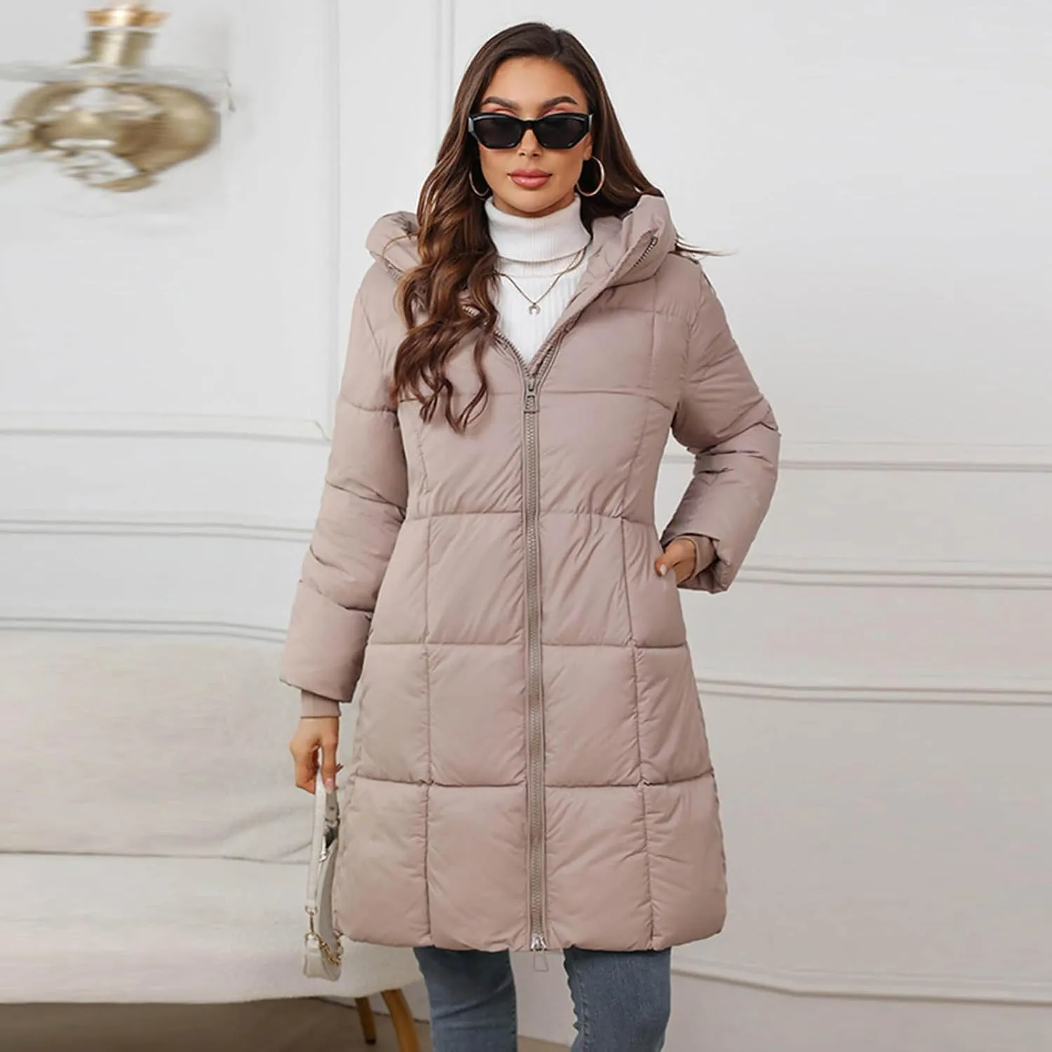 Knee Length Puffer Coat Women Winter Down Coats Full Zip Long-Sleeve Hooded Warm Quilted Jackets with Pockets