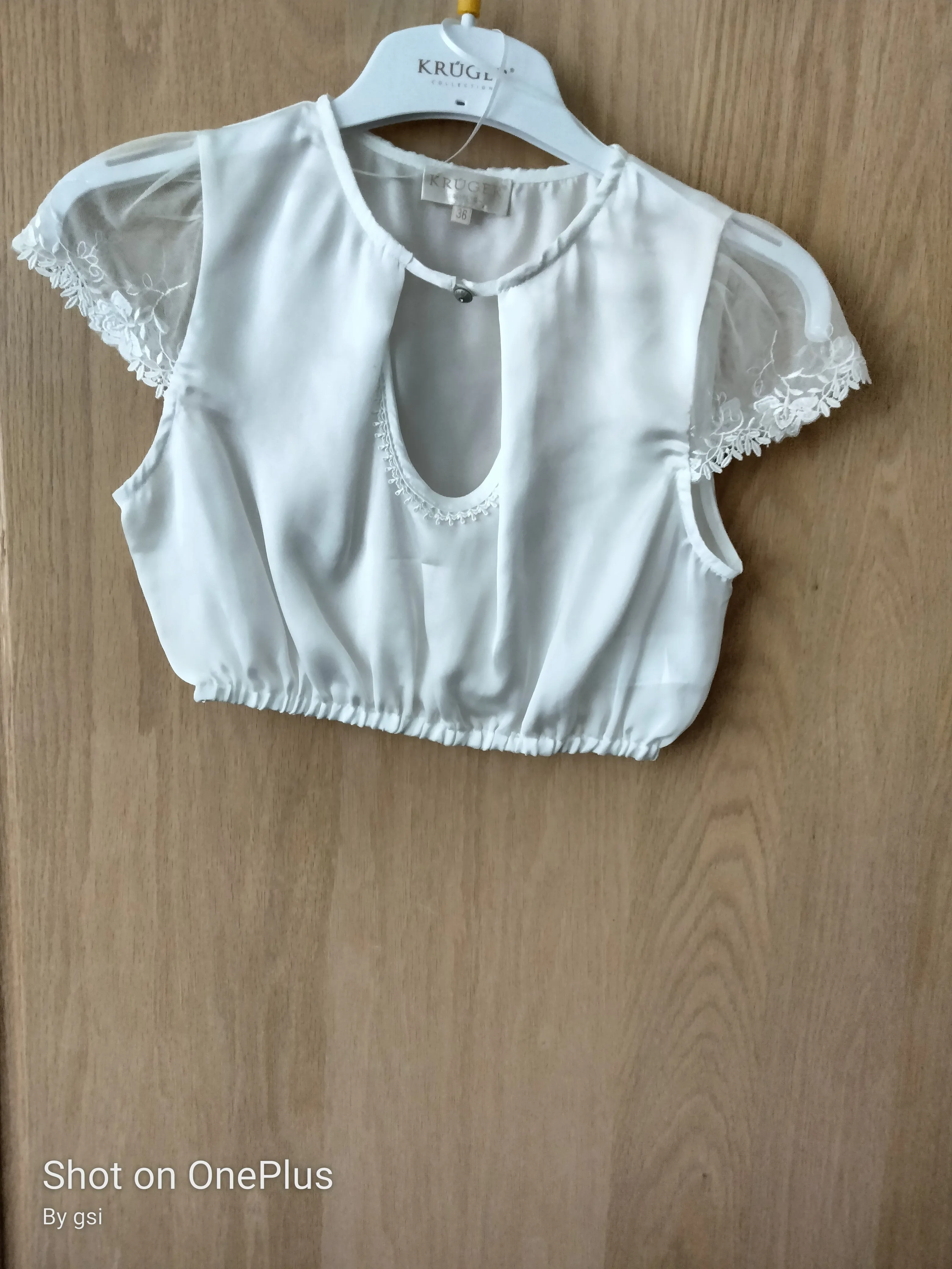 Krueger Elegant Festive Dirndl Blouse Off  White with Lace Edging at Sleeves