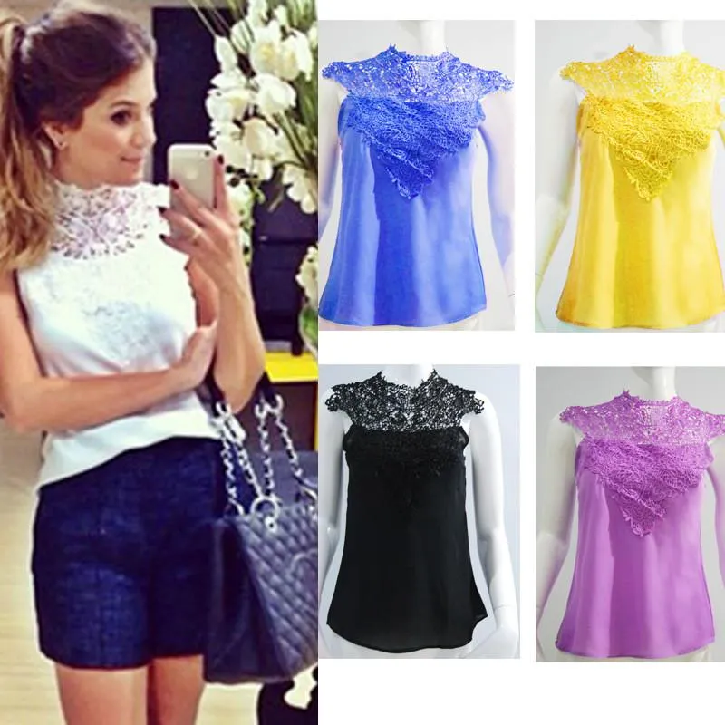 Lace High Neck Sleeveless Backless Slim Blouse