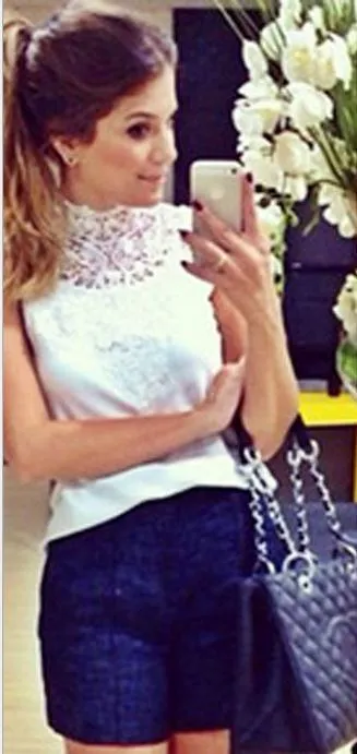 Lace High Neck Sleeveless Backless Slim Blouse