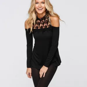 Lace Patchwork High Neck Off-shoulder Long Sleeves Sexy Blouse