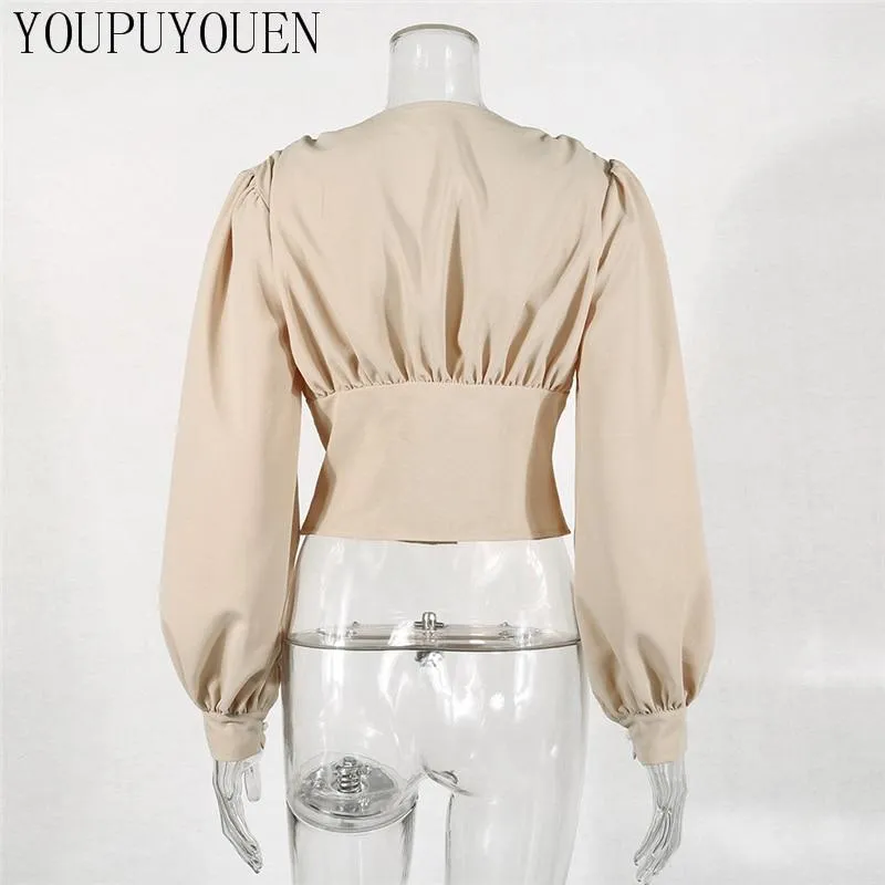 Ladies Elegant Blouse Lantern Long Sleeve Tops Summer V Neck Crop Top Fashion Shirts Women Button Down Blouses New Clothing