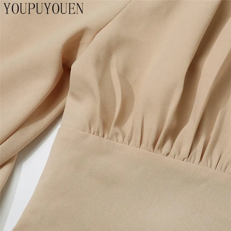 Ladies Elegant Blouse Lantern Long Sleeve Tops Summer V Neck Crop Top Fashion Shirts Women Button Down Blouses New Clothing