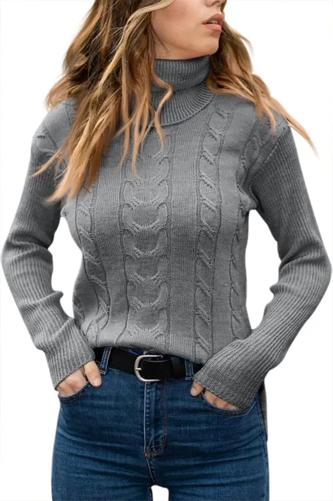 Langwyqu Womens' Turtleneck Long Sleeve Cable Knit Sweaters