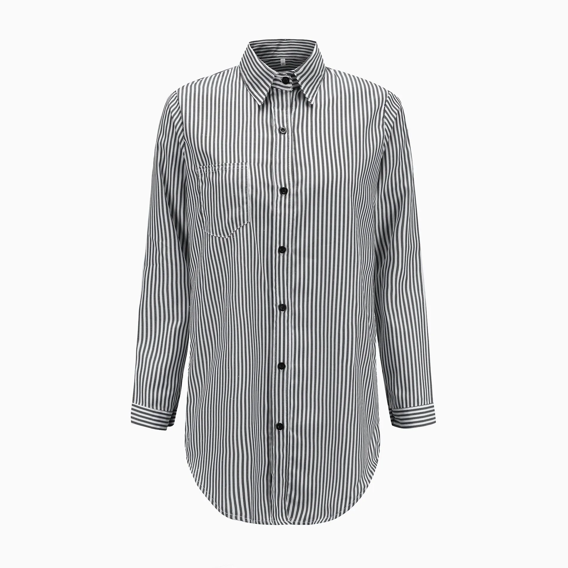 Lapel High Neck Stripe Loose Shirt