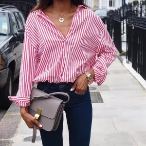 Lapel High Neck Stripe Loose Shirt
