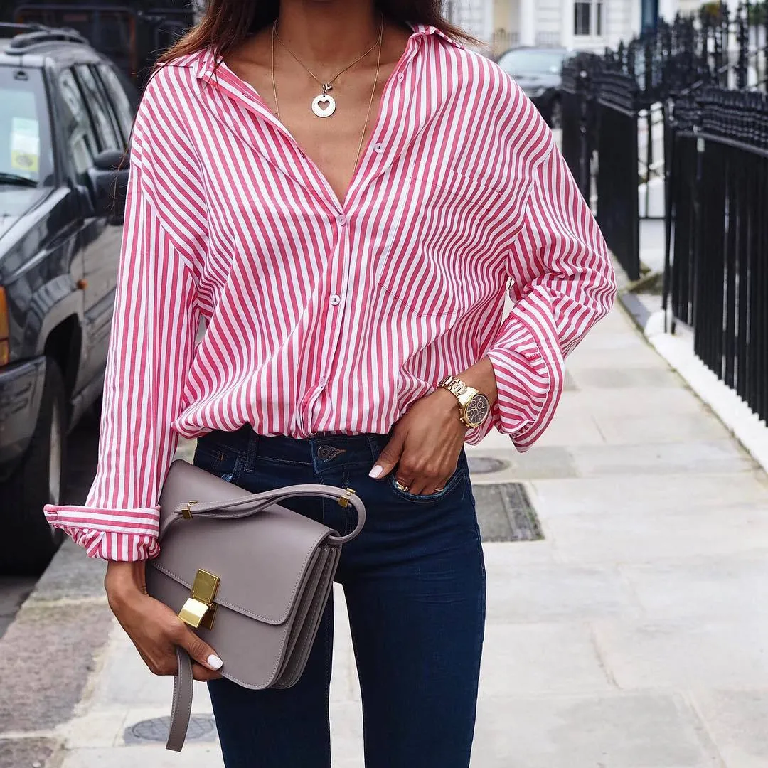 Lapel High Neck Stripe Loose Shirt
