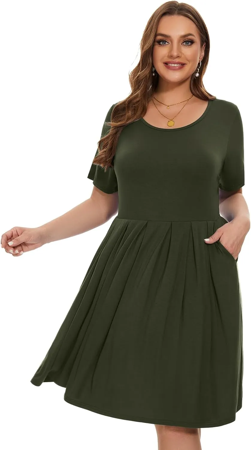 LARACE Women's Plus Size Summer Dress Short Sleeve Casual Pleated Swing Midi Dresses with Pockets