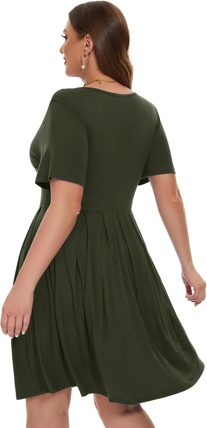 LARACE Women's Plus Size Summer Dress Short Sleeve Casual Pleated Swing Midi Dresses with Pockets