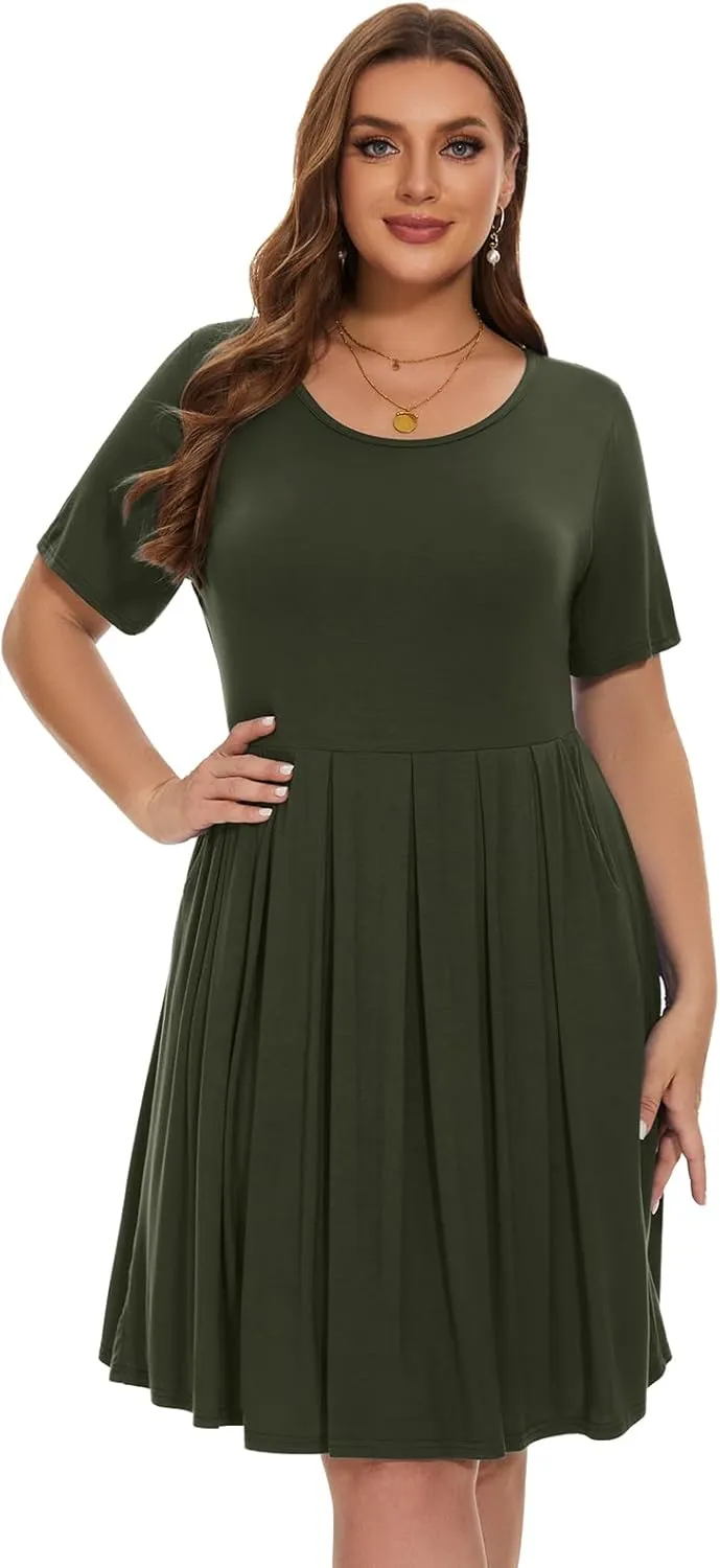 LARACE Women's Plus Size Summer Dress Short Sleeve Casual Pleated Swing Midi Dresses with Pockets
