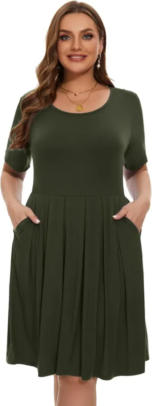 LARACE Women's Plus Size Summer Dress Short Sleeve Casual Pleated Swing Midi Dresses with Pockets