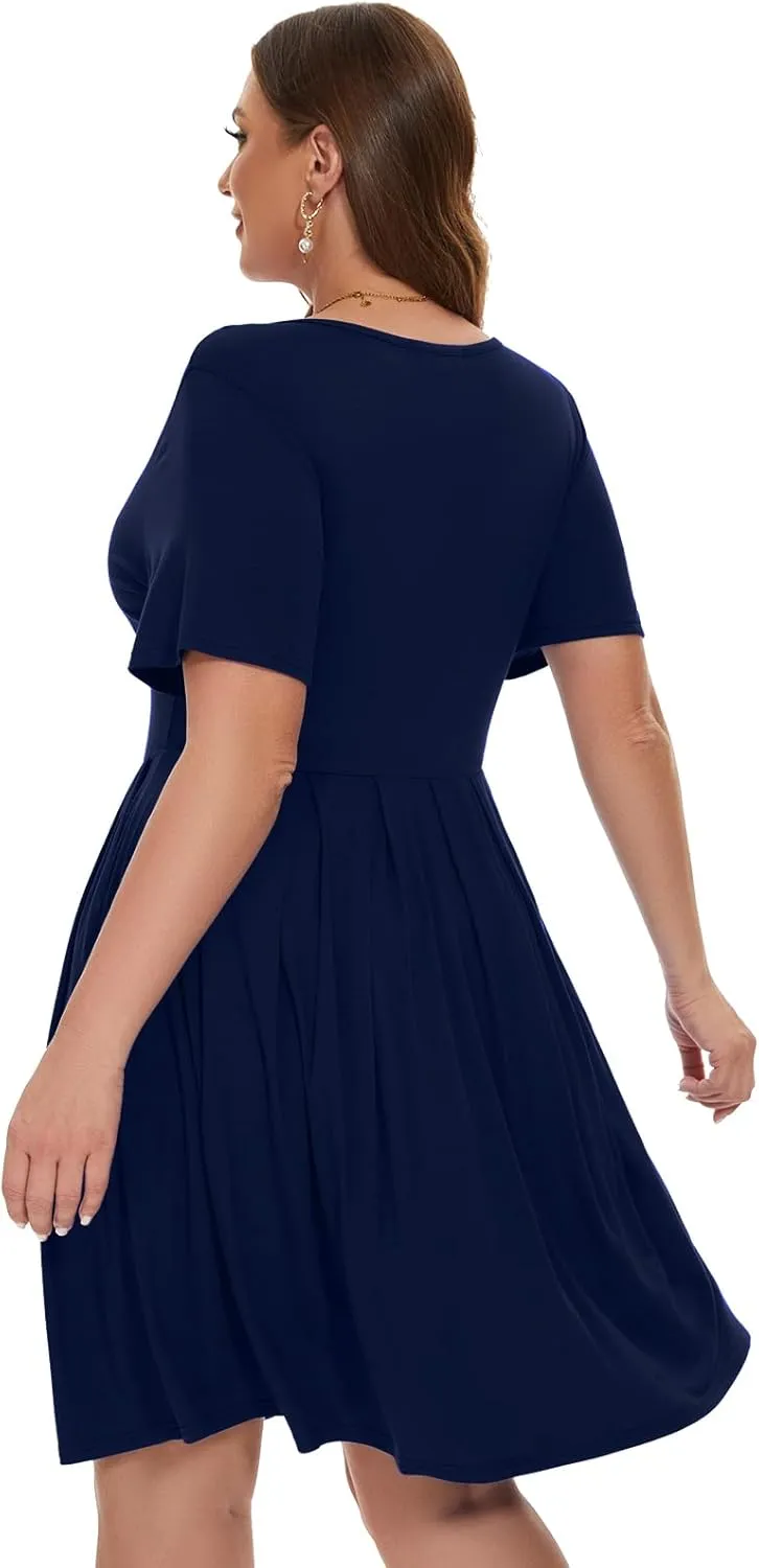 LARACE Women's Plus Size Summer Dress Short Sleeve Casual Pleated Swing Midi Dresses with Pockets