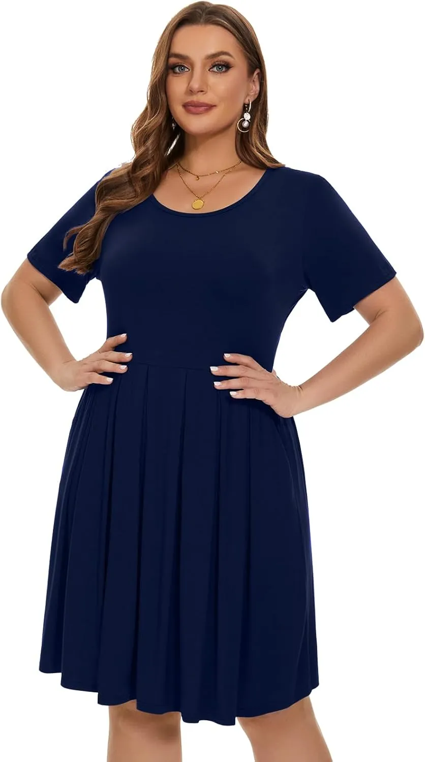 LARACE Women's Plus Size Summer Dress Short Sleeve Casual Pleated Swing Midi Dresses with Pockets