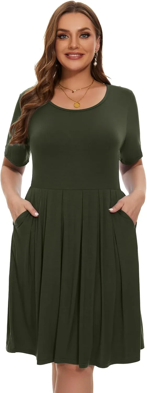 LARACE Women's Plus Size Summer Dress Short Sleeve Casual Pleated Swing Midi Dresses with Pockets