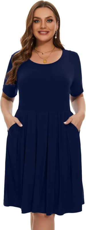 LARACE Women's Plus Size Summer Dress Short Sleeve Casual Pleated Swing Midi Dresses with Pockets