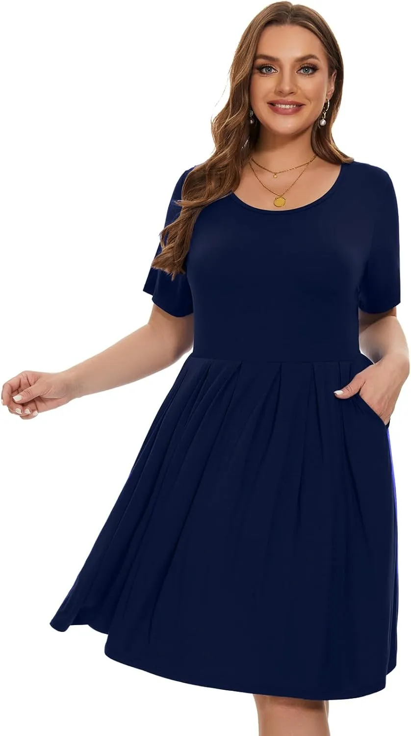 LARACE Women's Plus Size Summer Dress Short Sleeve Casual Pleated Swing Midi Dresses with Pockets