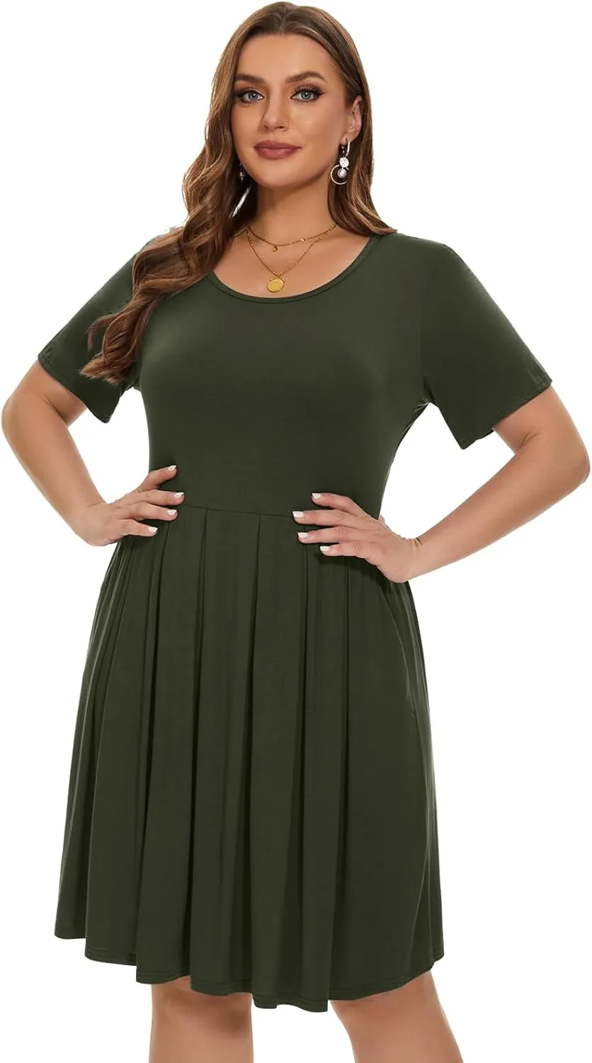 LARACE Women's Plus Size Summer Dress Short Sleeve Casual Pleated Swing Midi Dresses with Pockets