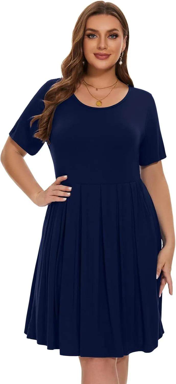 LARACE Women's Plus Size Summer Dress Short Sleeve Casual Pleated Swing Midi Dresses with Pockets
