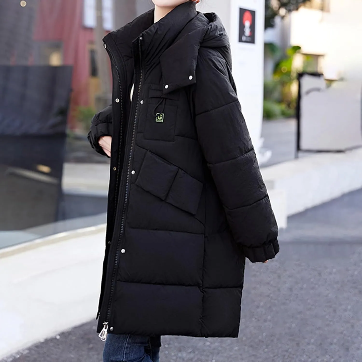 lcziwo Women's Winter Thicken Puffer Coat with Hood Stand Collar Long Cotton Padded Quilted Jackets Pockets Snow Outwear