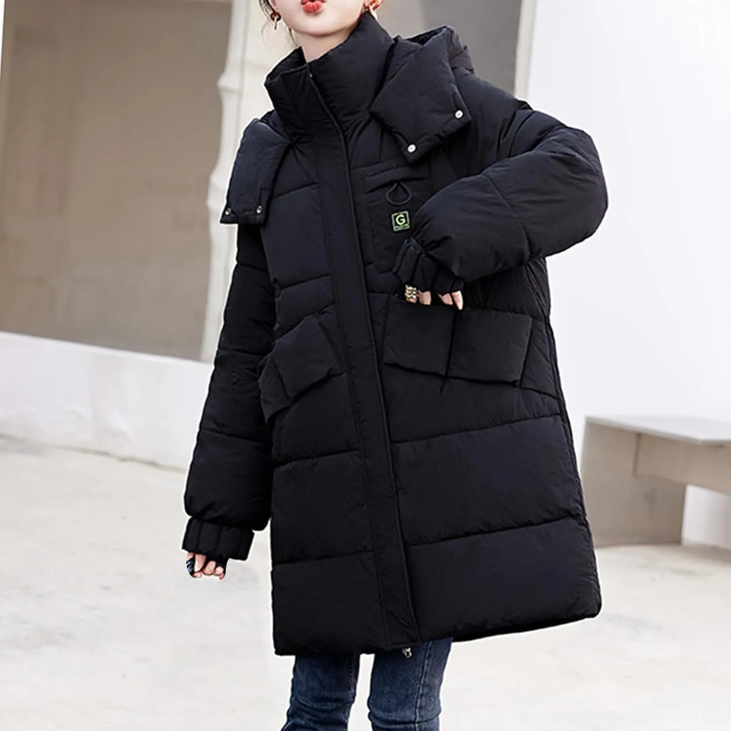 lcziwo Women's Winter Thicken Puffer Coat with Hood Stand Collar Long Cotton Padded Quilted Jackets Pockets Snow Outwear