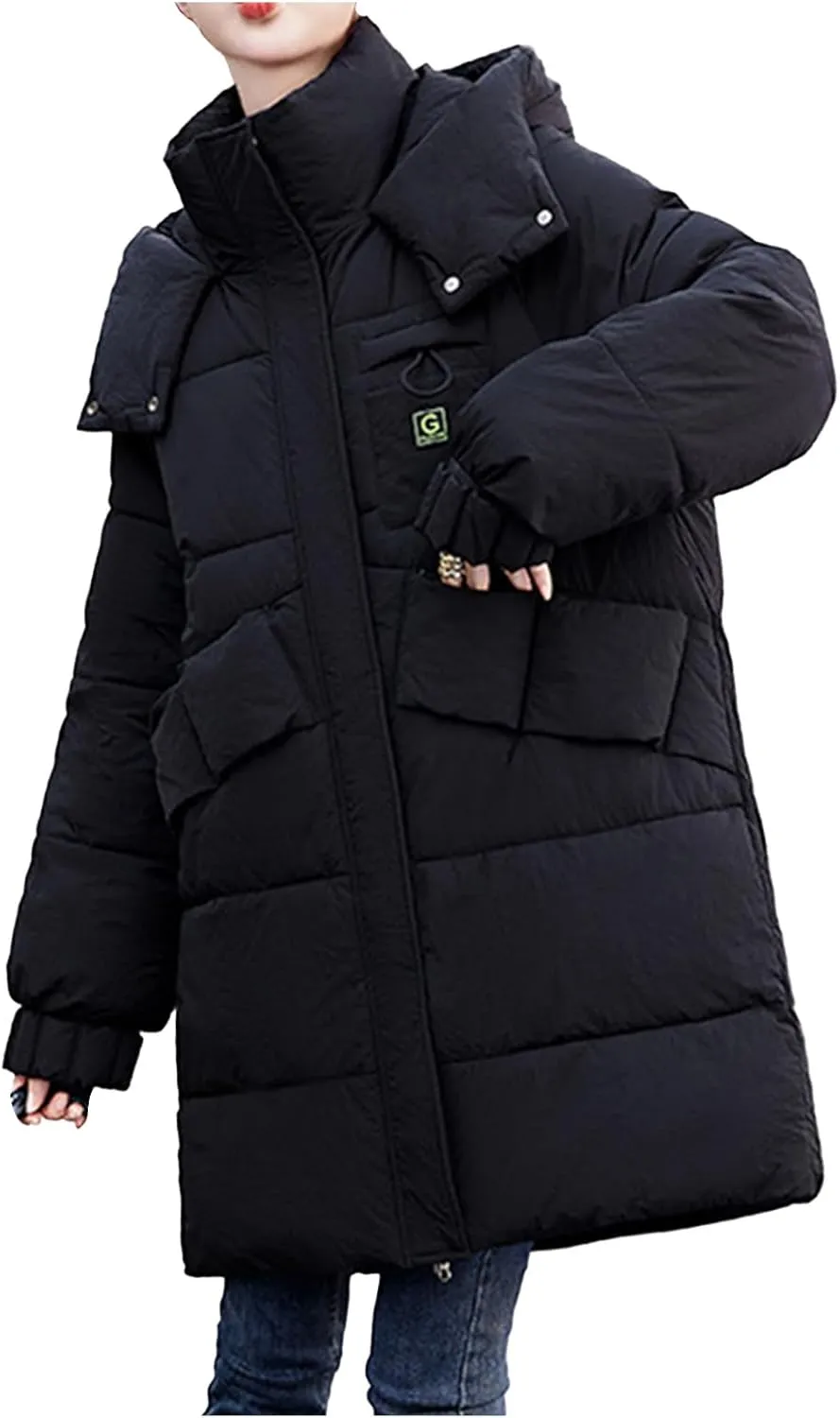 lcziwo Women's Winter Thicken Puffer Coat with Hood Stand Collar Long Cotton Padded Quilted Jackets Pockets Snow Outwear